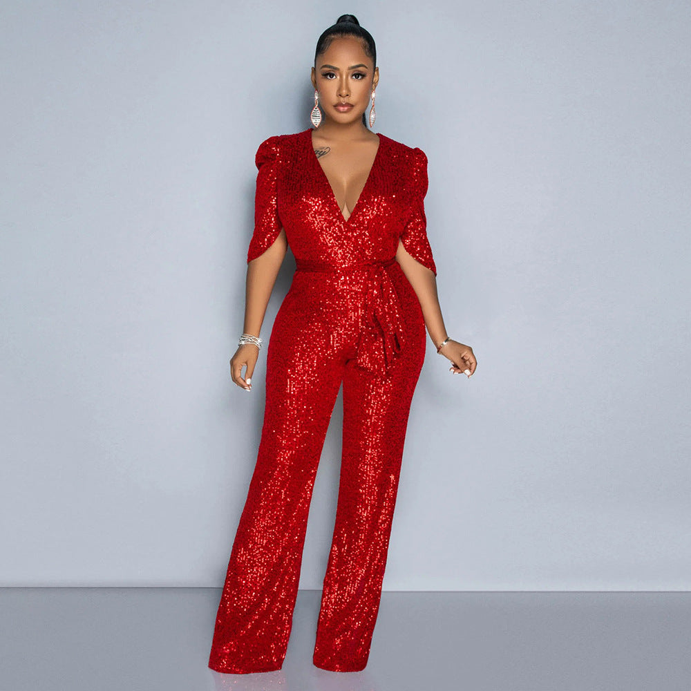 V-neck Half-sleeve Slim Fit Sequined Party Jumpsuit