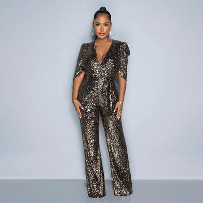 V-neck Half-sleeve Slim Fit Sequined Party Jumpsuit