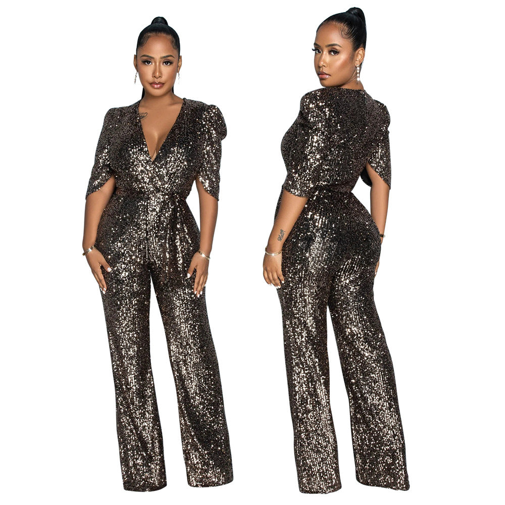 V-neck Half-sleeve Slim Fit Sequined Party Jumpsuit