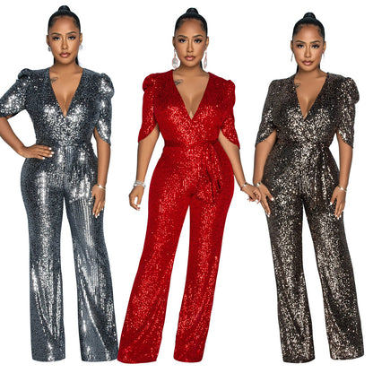 V-neck Half-sleeve Slim Fit Sequined Party Jumpsuit