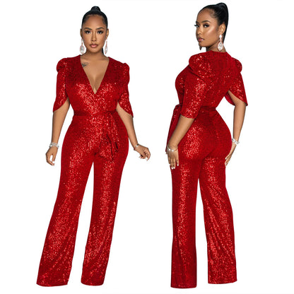 V-neck Half-sleeve Slim Fit Sequined Party Jumpsuit