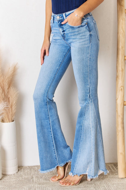 Kancan Mid Rise Raw Hem Flare Jeans