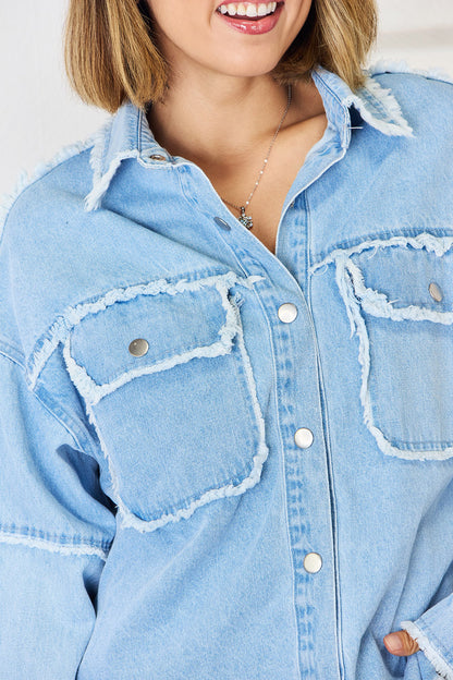 PEACE Raw Hem Dropped Shoulder Denim Top